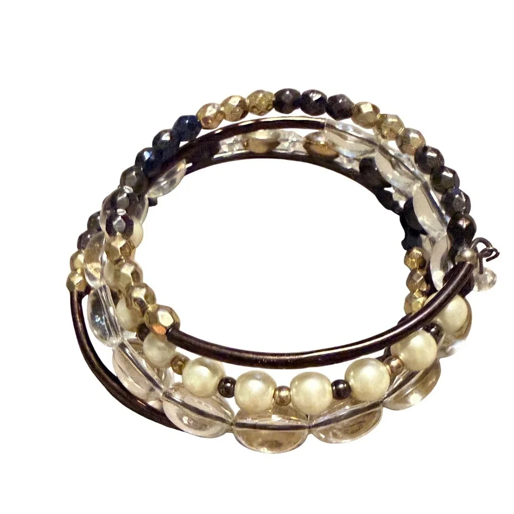 Womens Beaded Memory Wire Wrap Bracelet Black Gold Clear Faux Pearl Stacked Coil